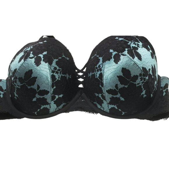 Torrid Curve Sexy Bra Black Teal Floral Underwire PushUp Plunge Crisscross 42DDD - Picture 2 of 11